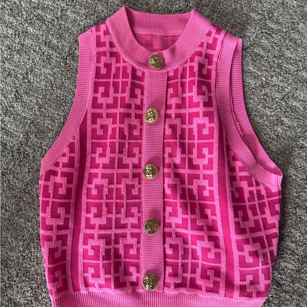 Pink Geometric Knit Vest with Gold Buttons